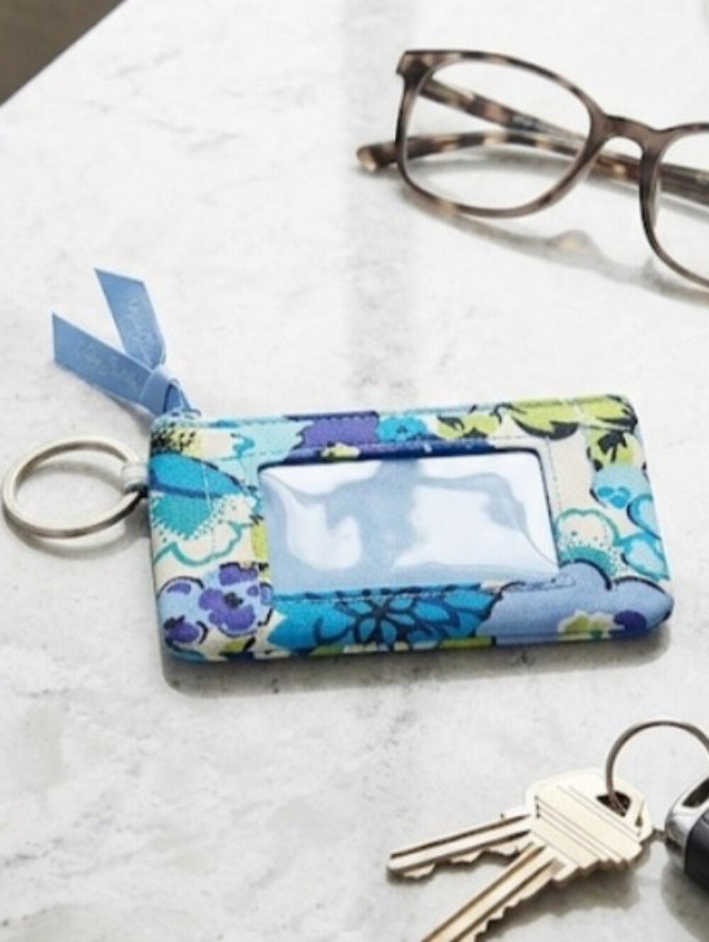 Vera Bradley Blueberry Blooms Floral Zip ID Card Holder Keyring